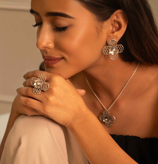 Mizoya Embossed Flower Jali Necklace Earring Ring set