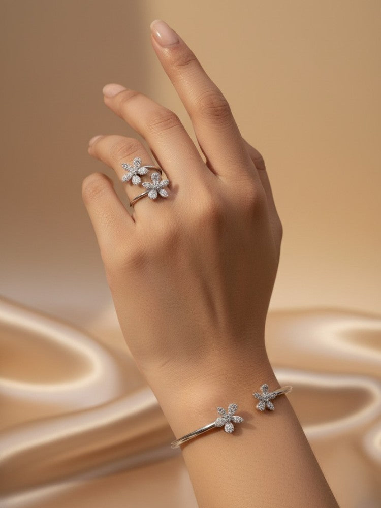 Twin Crystal Bloom Adjustable Kada and Ring