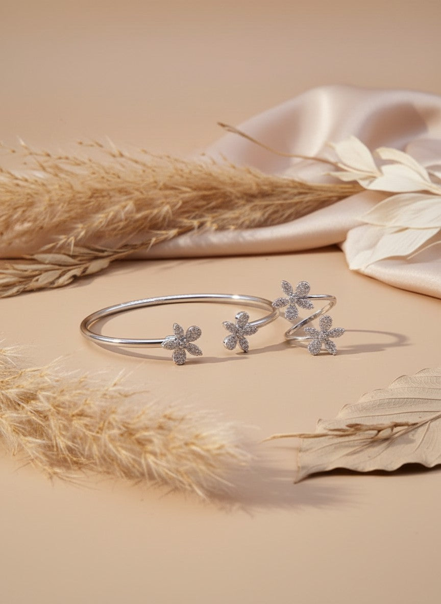 Twin Crystal Bloom Adjustable Kada and Ring